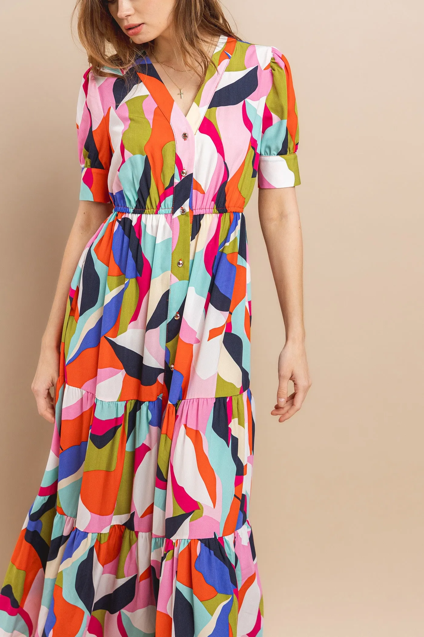 V-neck multicolor button down maxi