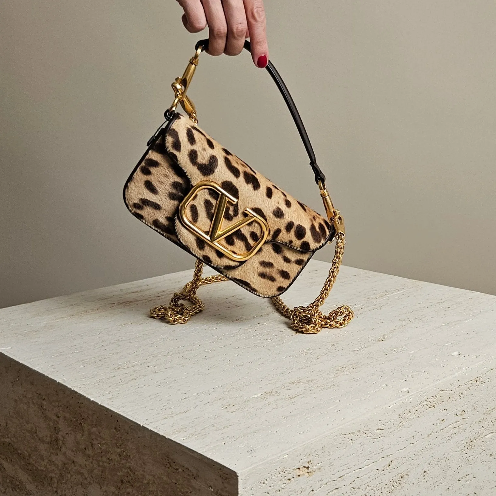 Valentino Garavani- Pony Hair Leopard V-logo Small Loco Shoulder Bag