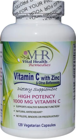 VHR Vitamina C 1,000 MG con ZINC &amp; Citrus BIOFLAVONOIDS sin conservantes fórmula antioxidante de alta potencia para un apoyo inmunológico saludable., 120, 1
