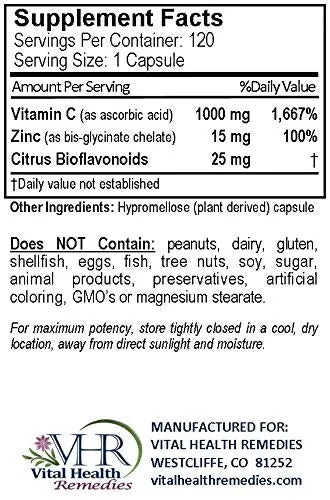 VHR Vitamina C 1,000 MG con ZINC &amp; Citrus BIOFLAVONOIDS sin conservantes fórmula antioxidante de alta potencia para un apoyo inmunológico saludable., 120, 1