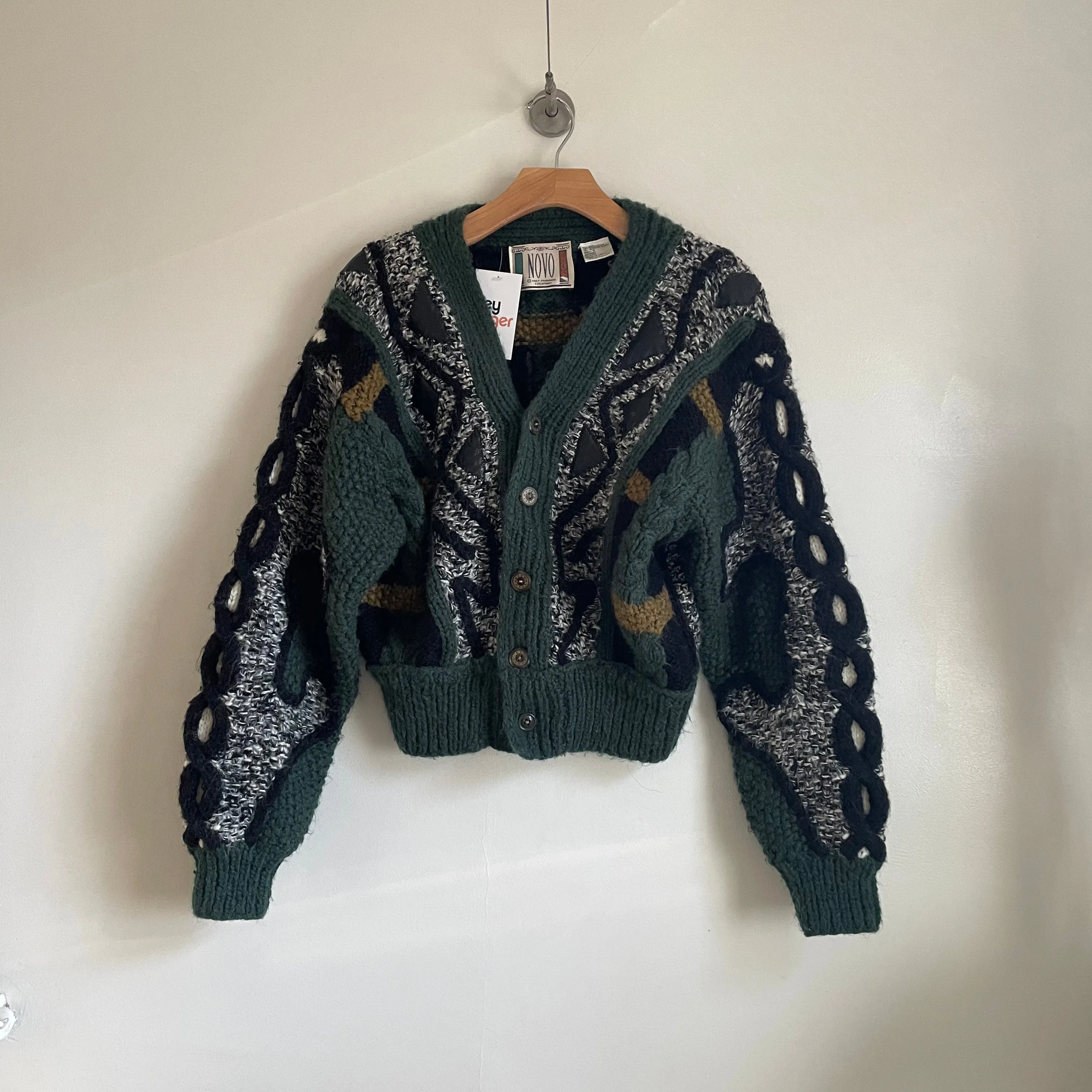 Vintage 1980s NOVO Mohair Wool Cardigan Sweater with Faux Leather Details // Size Small
