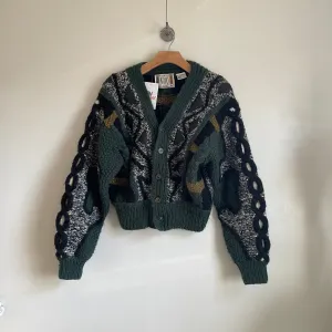 Vintage 1980s NOVO Mohair Wool Cardigan Sweater with Faux Leather Details // Size Small