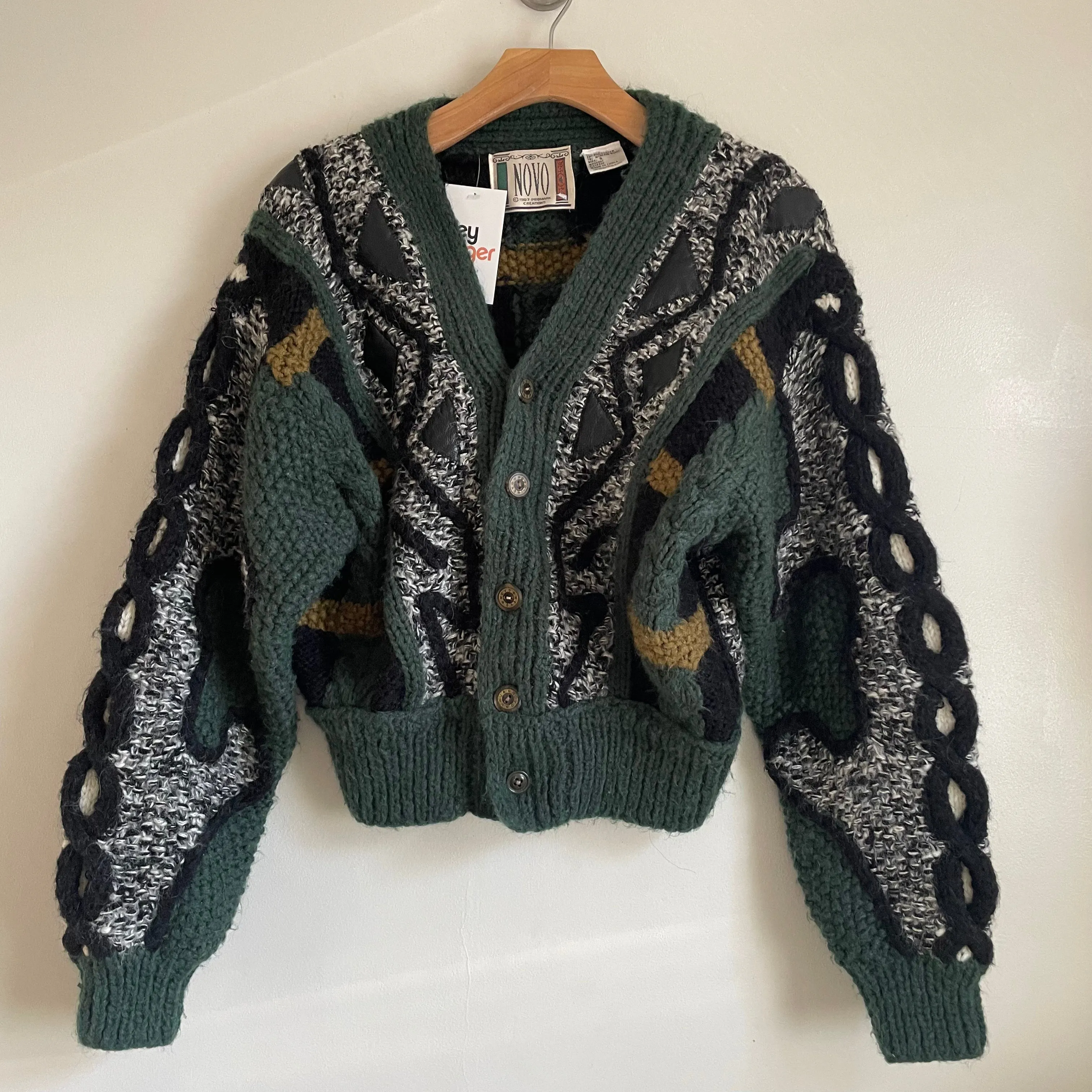 Vintage 1980s NOVO Mohair Wool Cardigan Sweater with Faux Leather Details // Size Small