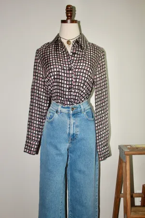 Vintage 90s Groovy Tile Patterned Silk Button Up (S-M)