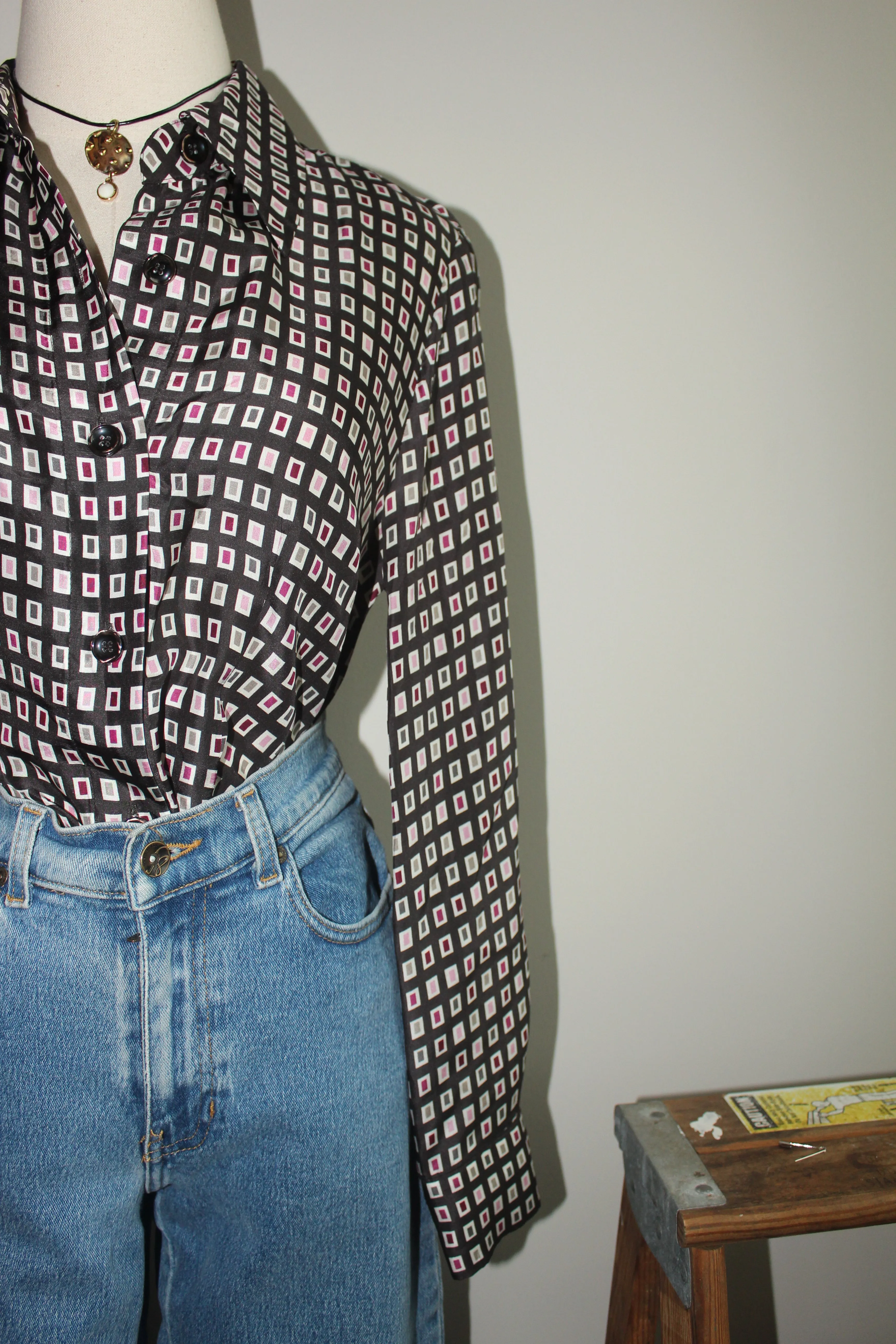 Vintage 90s Groovy Tile Patterned Silk Button Up (S-M)