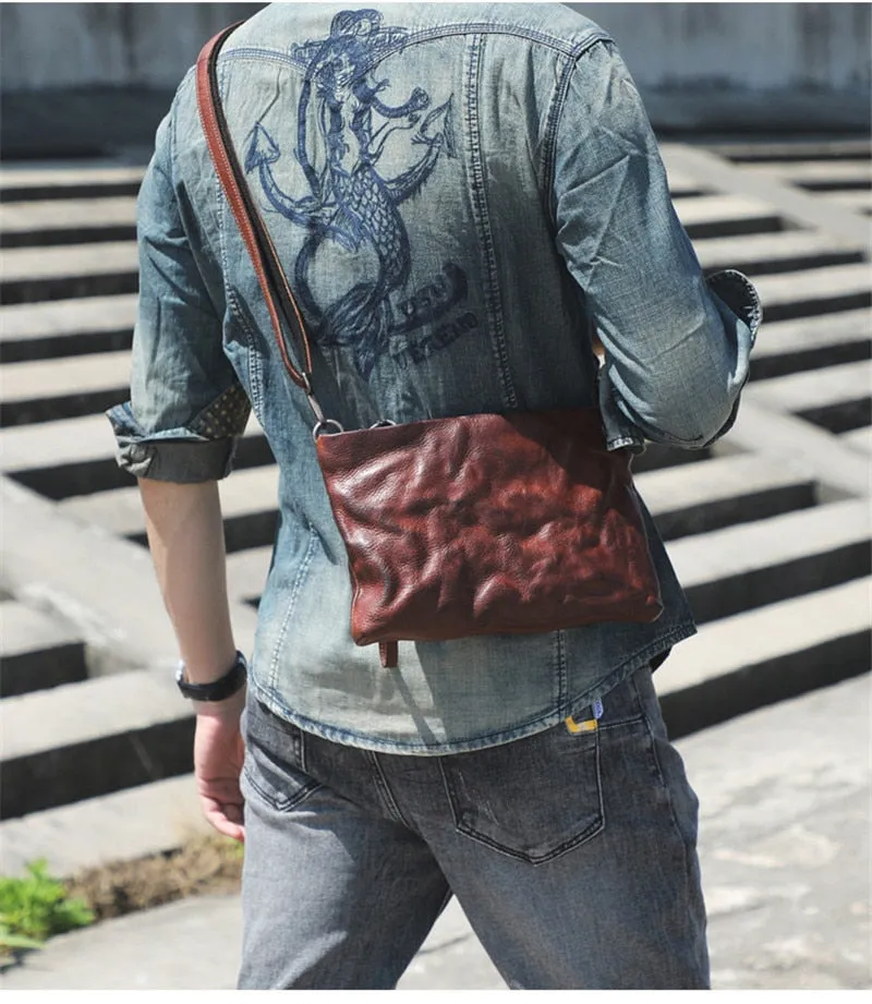 Vintage Distressed Leather Wristlet Crossbody Bag Clutch Bag - One Size