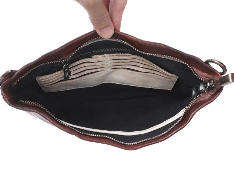 Vintage Distressed Leather Wristlet Crossbody Bag Clutch Bag - One Size