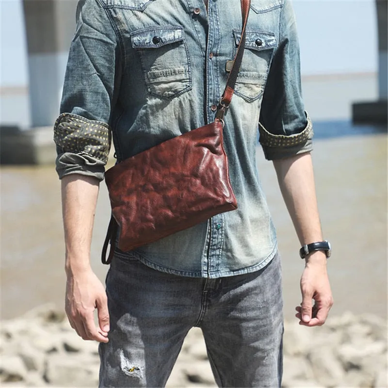 Vintage Distressed Leather Wristlet Crossbody Bag Clutch Bag - One Size