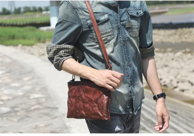 Vintage Distressed Leather Wristlet Crossbody Bag Clutch Bag - One Size