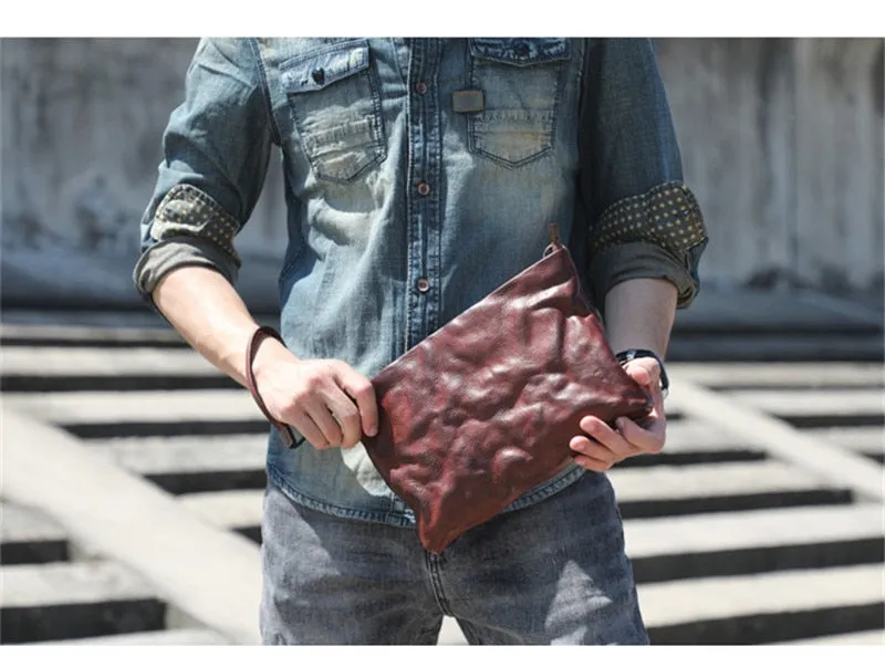 Vintage Distressed Leather Wristlet Crossbody Bag Clutch Bag - One Size