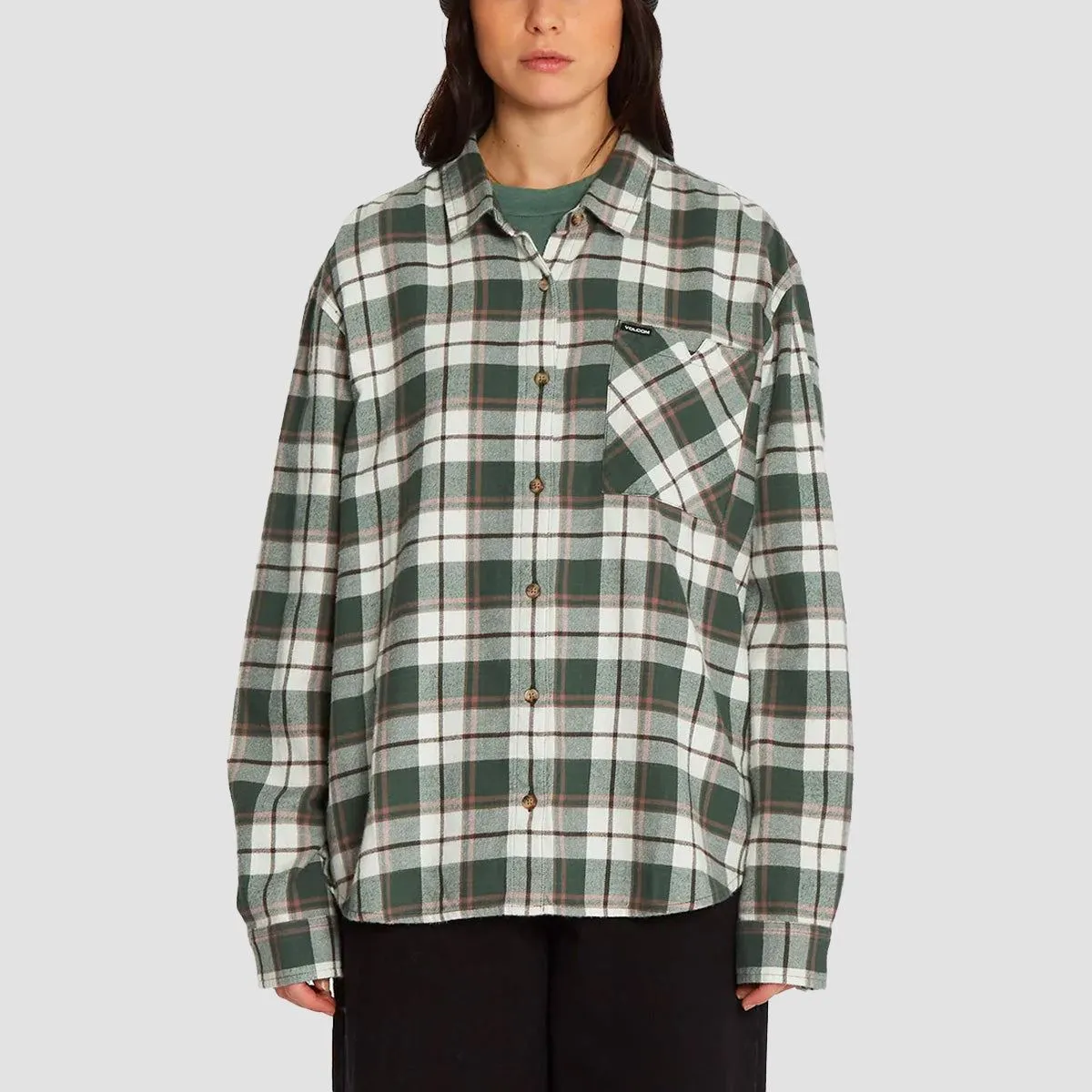 Volcom Plaid To Meet U Earth Tripper Longsleeve Shirt Dark Pine - Womens