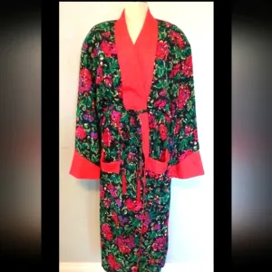 Vtg 1990s Victorias Secret NWT Gold Label Bath Robe Red Floral Black L Polyester