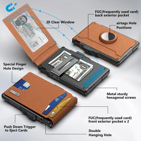 🔥Wallet for Men - with Pop Up Aluminum Case Money Clip Slim Leather Slots Credit Card Holder RFID Blocking Bifold Minimalist Wallet
