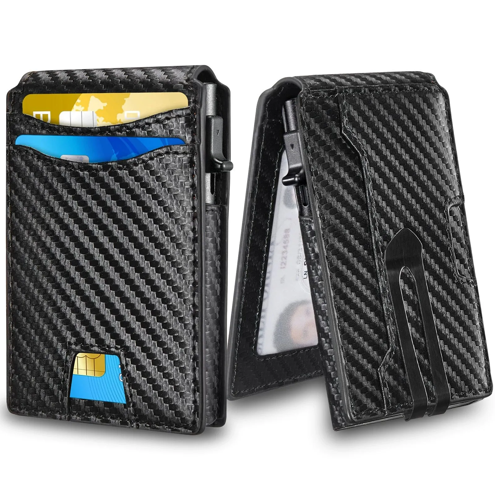 🔥Wallet for Men - with Pop Up Aluminum Case Money Clip Slim Leather Slots Credit Card Holder RFID Blocking Bifold Minimalist Wallet