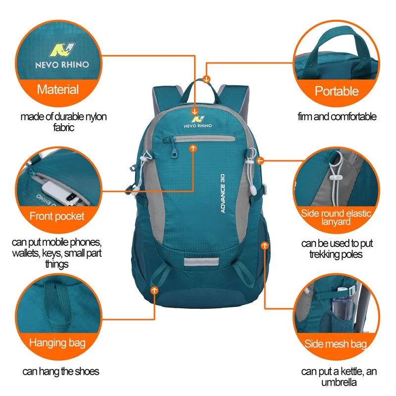 Waterproof Multipocketed Backpack for Hiking/School/Travel, Teal, 30L