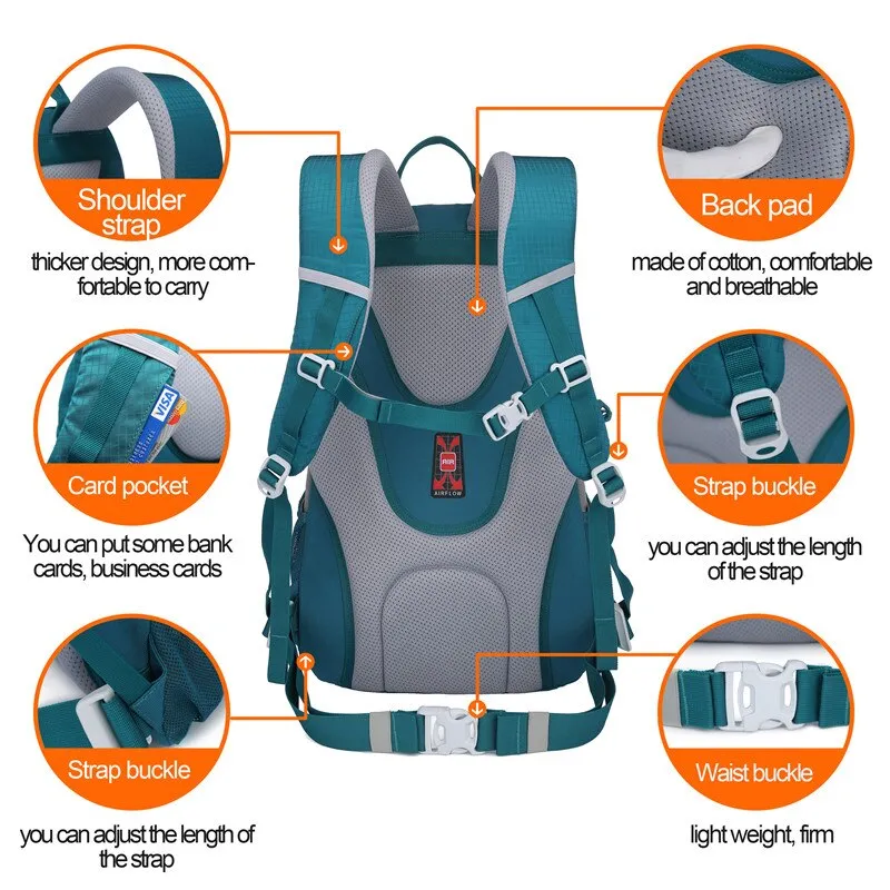 Waterproof Multipocketed Backpack for Hiking/School/Travel, Teal, 30L
