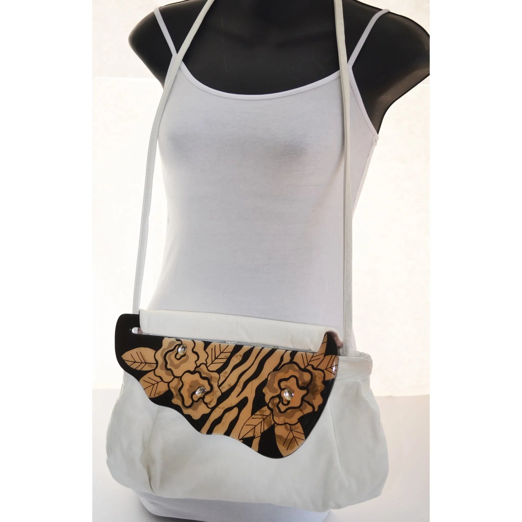 White Leather Lacquered Moon Bag Purse By Patricia Smith - 1980's