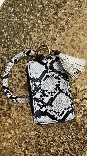 White Snakeskin Card Holder Keychain