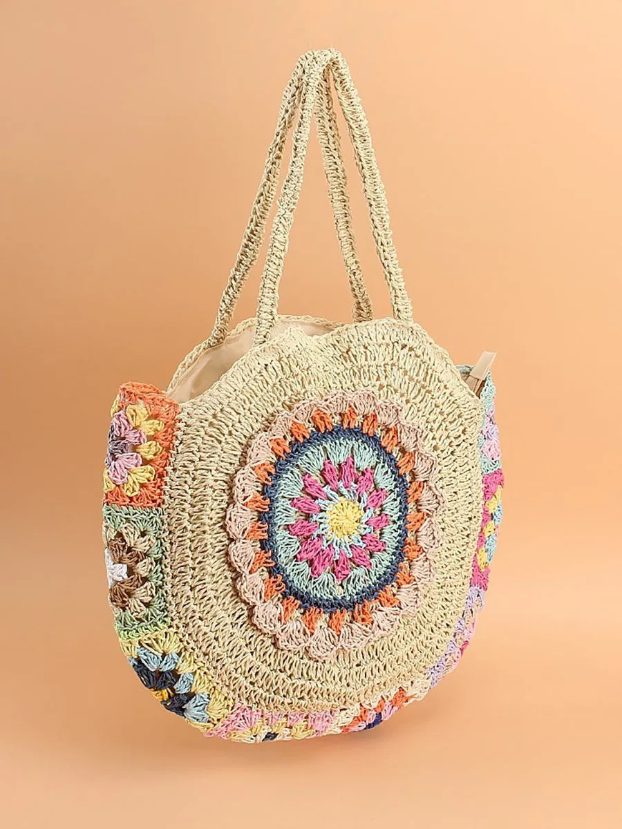 Women Fashion Flower Straw Weave Shoulder Bag