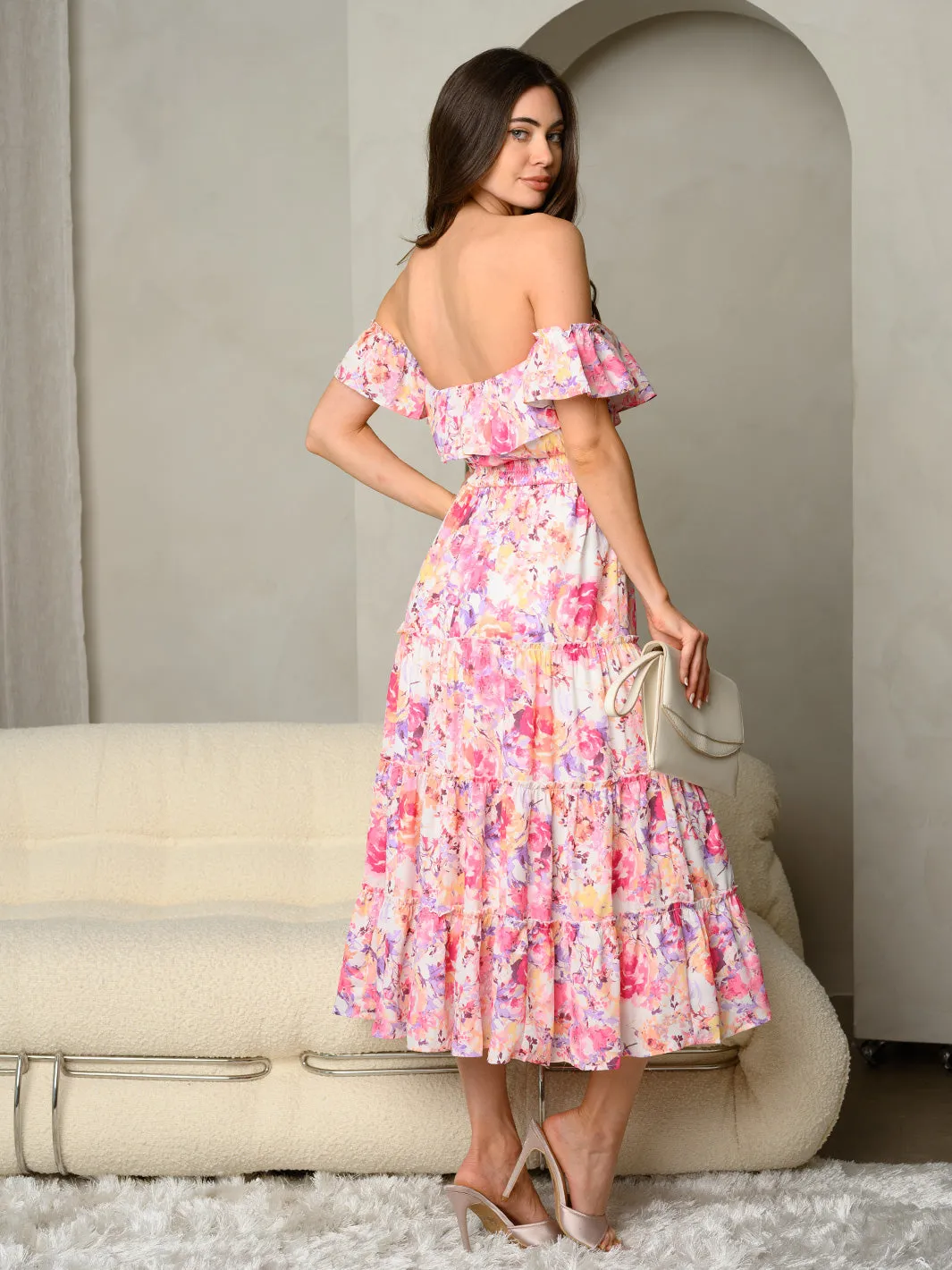 WOMEN'S FLORAL PRINT OFF SHOULDER WITH SMOCKED WAIST MAXI DRESS