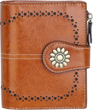 Womens Leather Wallet Small Compact RFID Blocking Credit Card Case Purse with Zipper Pocket