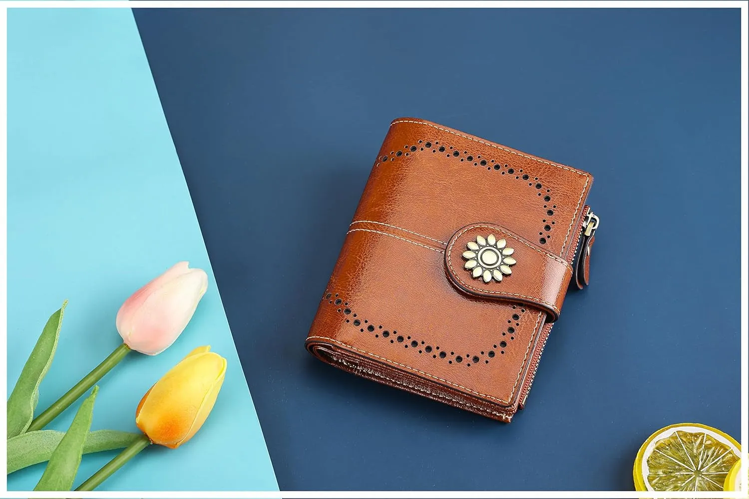 Womens Leather Wallet Small Compact RFID Blocking Credit Card Case Purse with Zipper Pocket