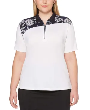 Womens Plus Ventilated Asymmetrical Floral Print Polo