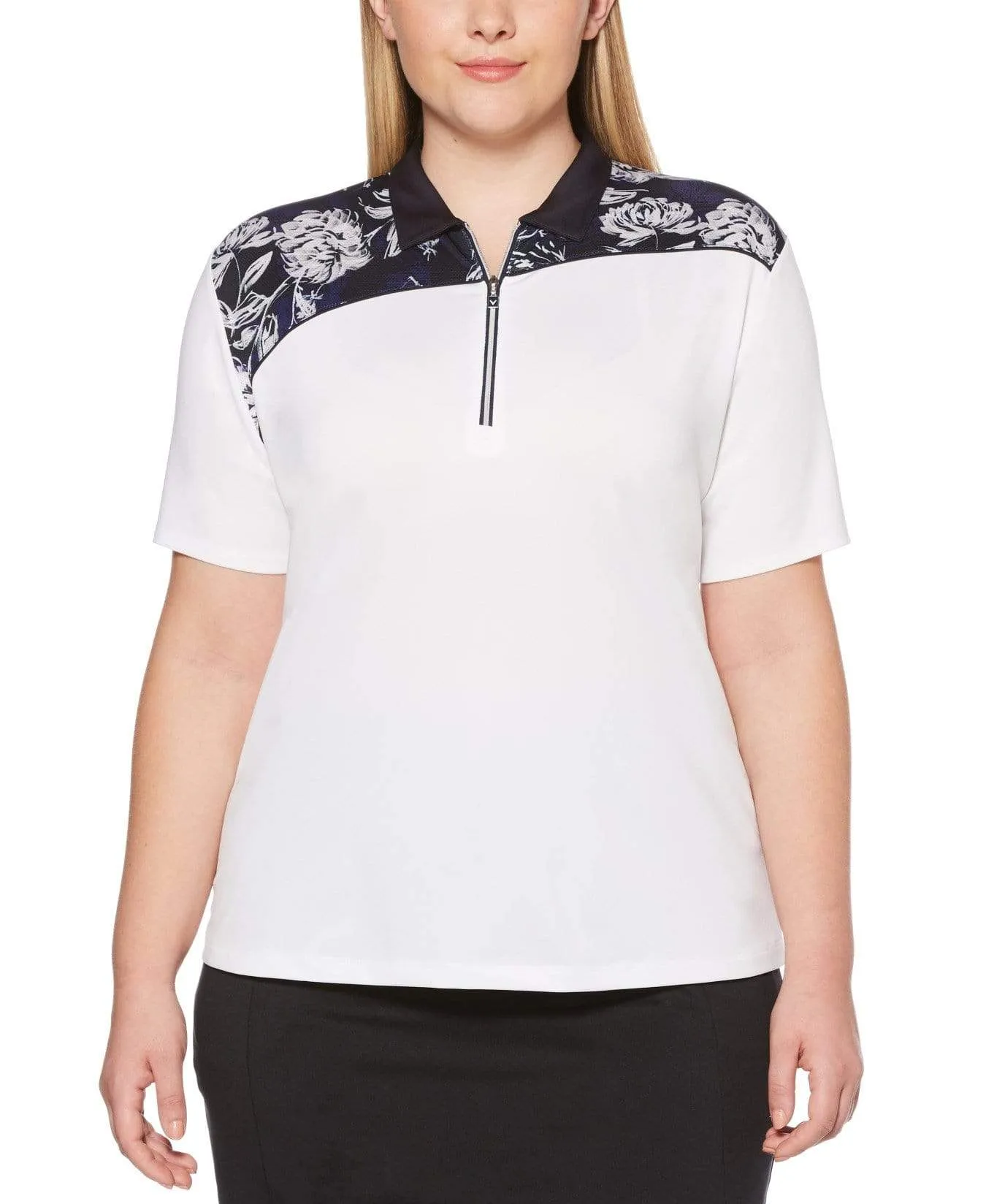 Womens Plus Ventilated Asymmetrical Floral Print Polo
