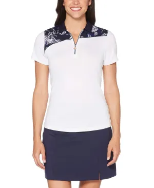 Womens Ventilated Asymmetrical Floral Print Polo