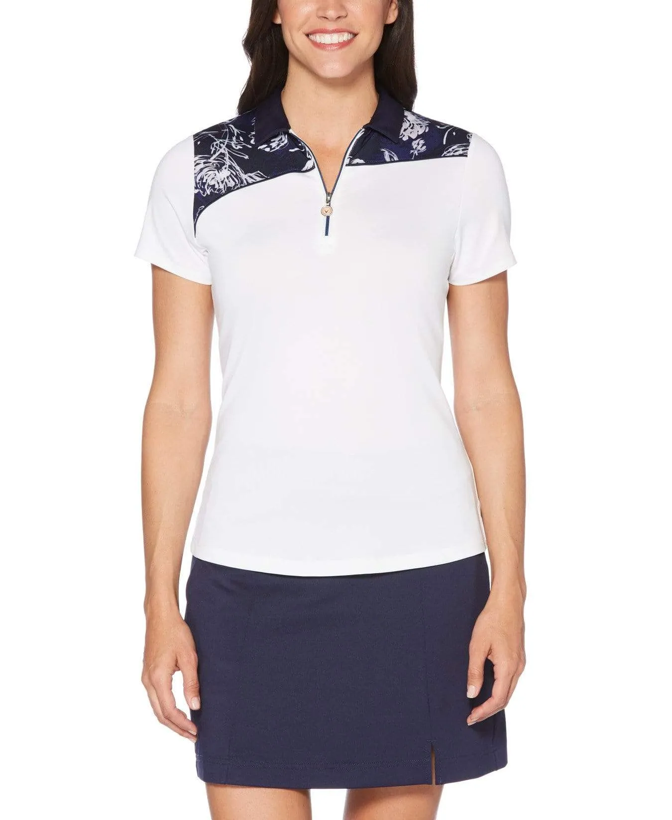Womens Ventilated Asymmetrical Floral Print Polo