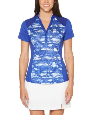 Womens Ventilated Tropical Print Mock Polo