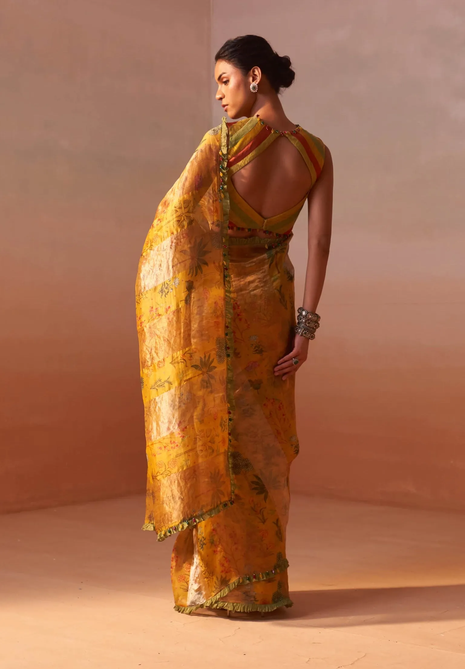 Yellow printed organza sari and blouse