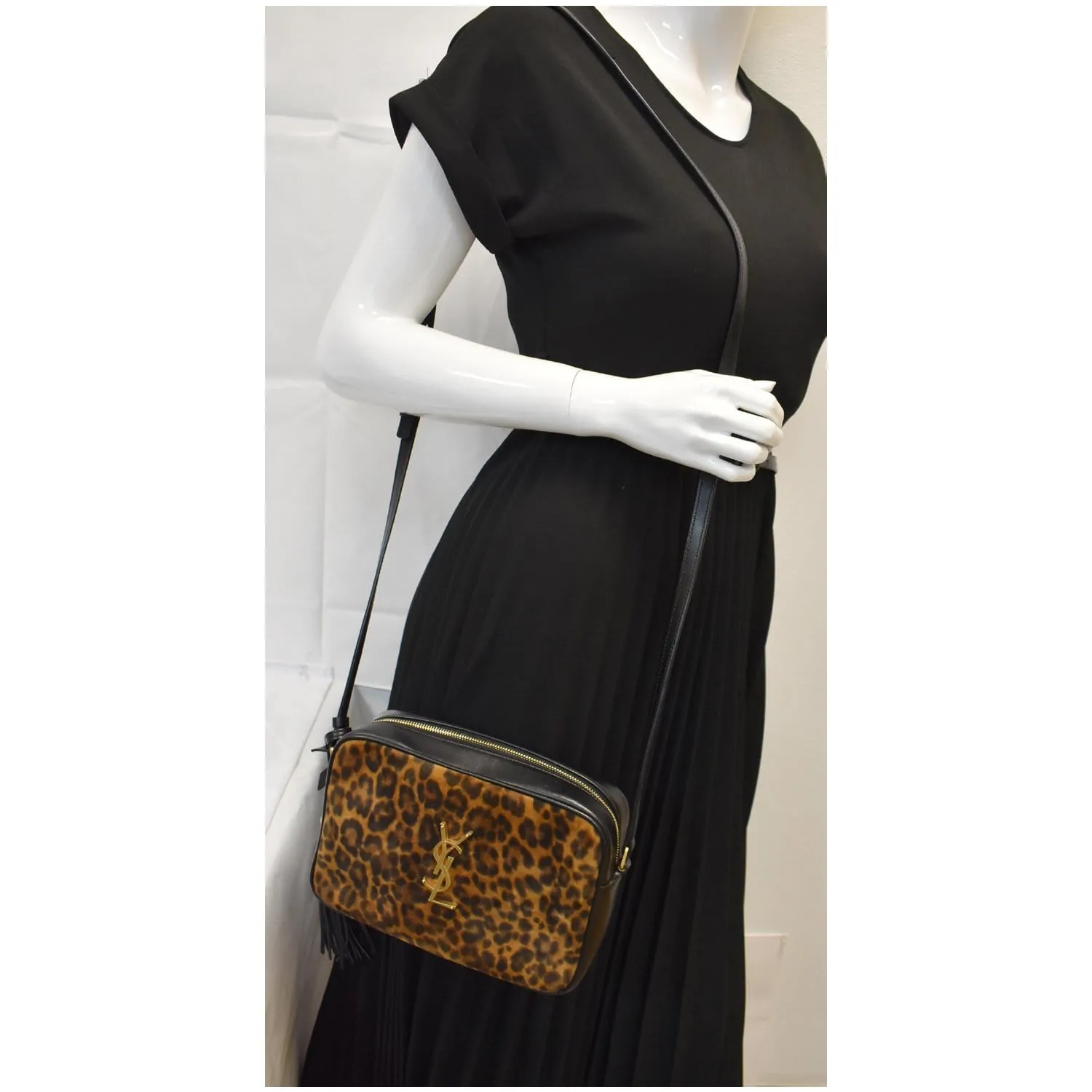YVES SAINT LAURENT Lou Camera Leopard-Print Leather Crossbody Bag Black
