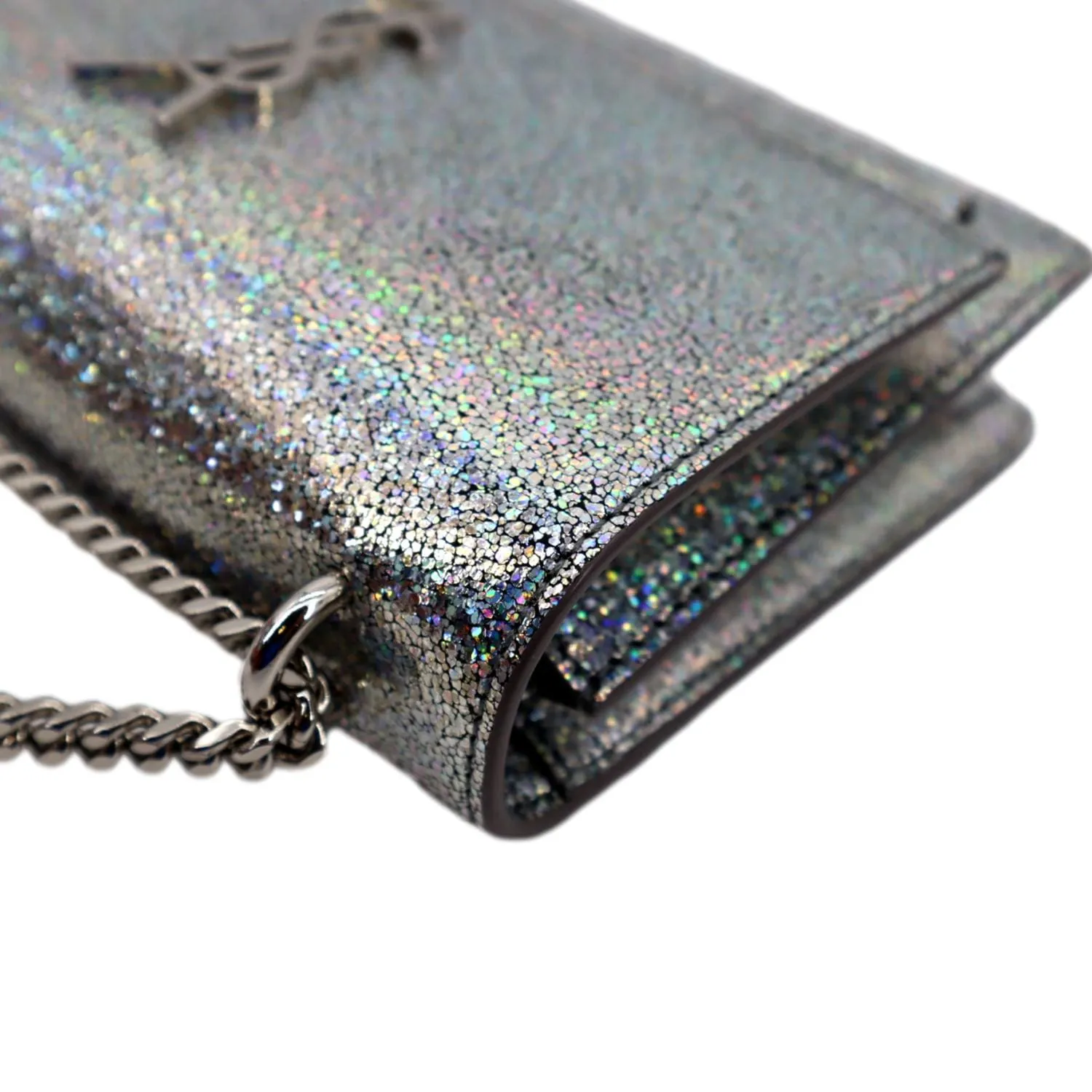 YVES SAINT LAURENT Sunset Crackled Metallic Leather Crossbody Bag Silver