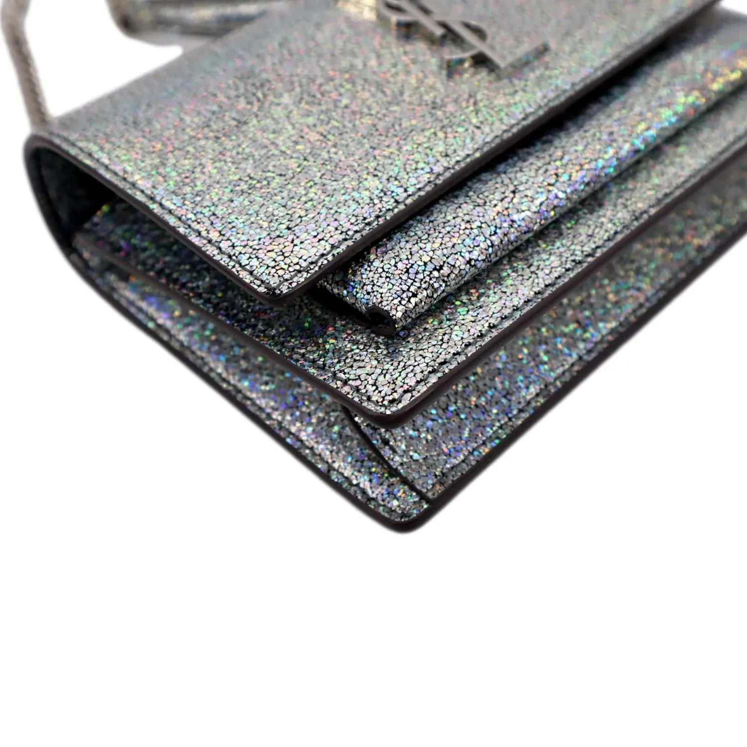YVES SAINT LAURENT Sunset Crackled Metallic Leather Crossbody Bag Silver
