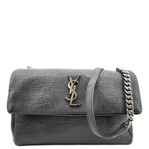 YVES SAINT LAURENT West Hollywood Fold-Over Croc Embossed Crossbody Bag Black